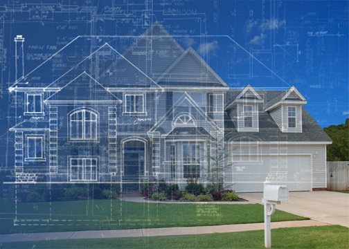 Image displaying a home with a blueprint overlay